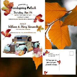 Rustic Autumn Blue Truck Friendsgiving Potluck Postcard