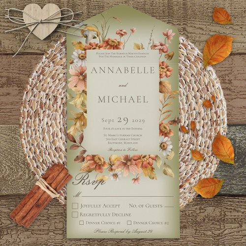 Rustic Autumn Blush Wildflowers Green Dinner All In One Invitation