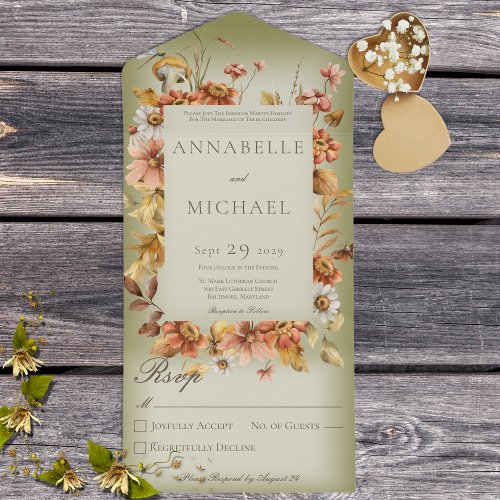 Rustic Autumn Blush Wildflowers Green No Dinner All In One Invitation