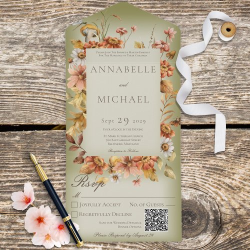 Rustic Autumn Blush Wildflowers Green QR Code All In One Invitation