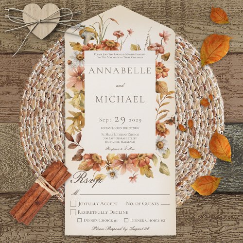 Rustic Autumn Blush Wildflowers Ivory Dinner All In One Invitation