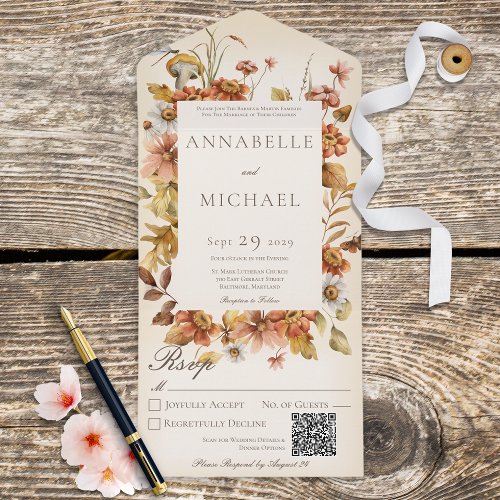 Rustic Autumn Blush Wildflowers Ivory QR Code All In One Invitation