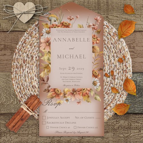 Rustic Autumn Blush Wildflowers Rust Dinner All In One Invitation