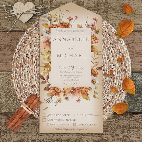 Rustic Autumn Blush Wildflowers Tan Dinner All In One Invitation