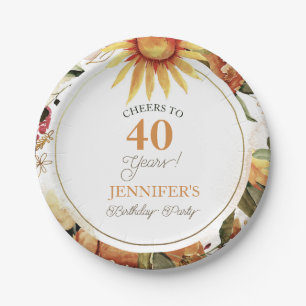 Rustic Autumn Boho Sunflower 40th Birthday Party Paper Plates