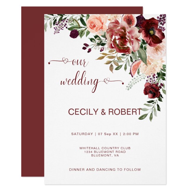 Rustic Autumn Boho Watercolor Flowers Heart Script Invitation