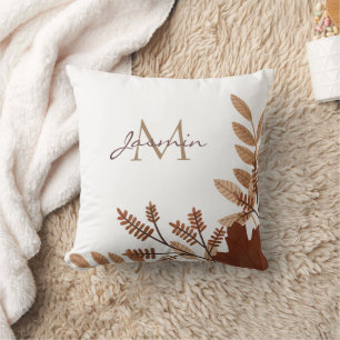 Rustic Autumn Botanical Monogram Name Throw Pillow