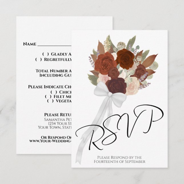 Rustic Autumn Bouquet Rust Orange Roses Wedding RSVP Card (Front/Back)