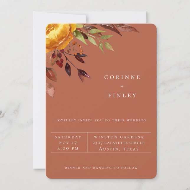 Rustic Autumn Bouquet Rust Wedding Invitation (Front)