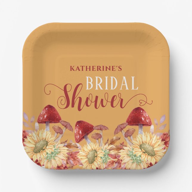 Rustic Autumn Bridal Shower Sunflowers Mushroom Paper Plates (Front)