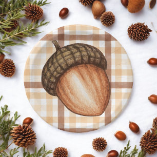 Rustic Autumn Brown Plaid Fall Acorn Baby Shower Paper Plates