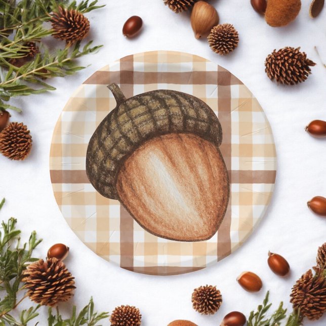 Rustic Autumn Brown Plaid Fall Acorn Baby Shower Paper Plates (Creator Uploaded)