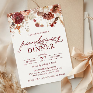 Rustic Autumn Burgundy Floral Friendsgiving Dinner Invitation