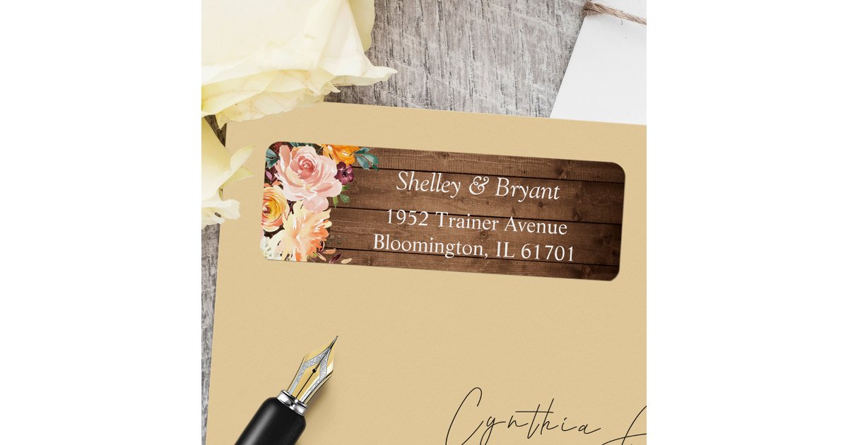 Rustic Autumn Burgundy Peach Floral Return Address Label | Zazzle