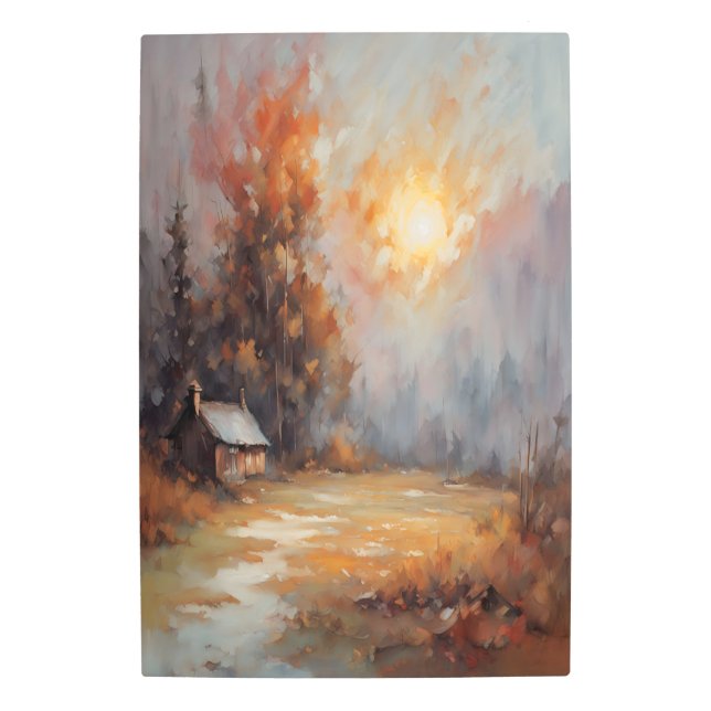 Rustic Autumn Cabin Landscape Fall Art Metal Print (Front)
