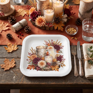 Rustic Autumn Candle Floral Centerpiece Paper Plates
