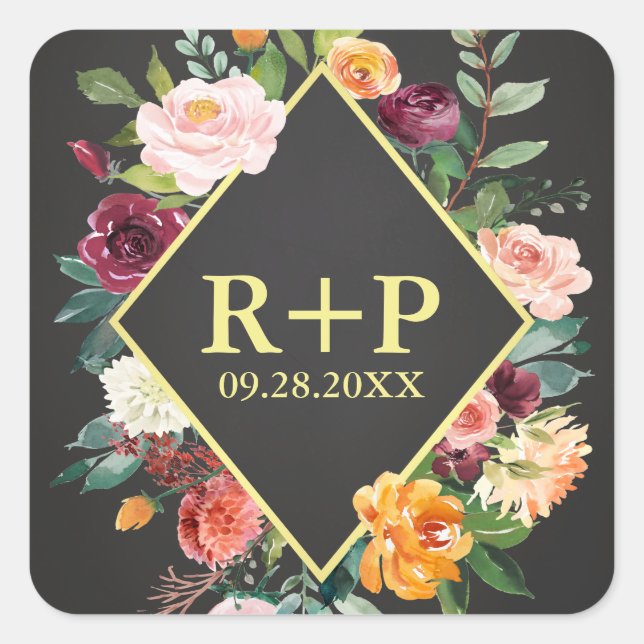 Rustic Autumn Chalkboard Floral Wedding Square Sticker (Front)