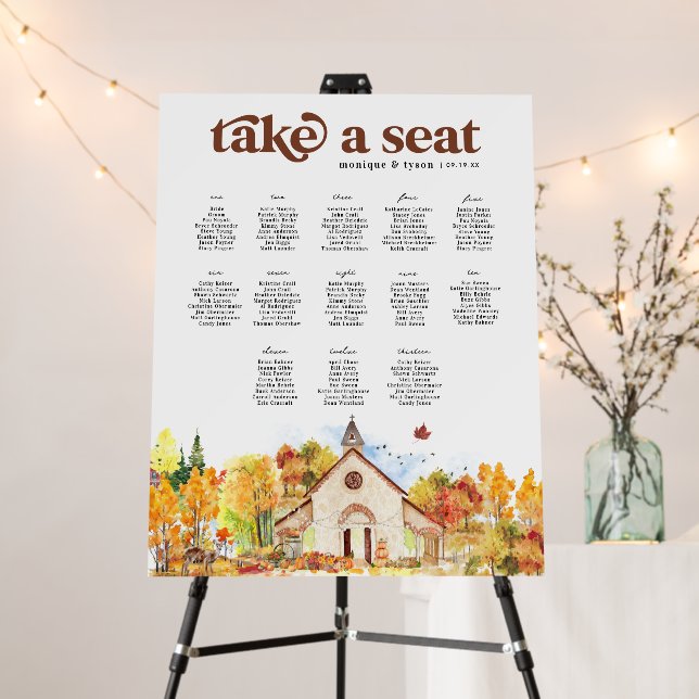 Rustic Autumn Chapel | Wedding Table Seating Foam Board (In Situ (Stand))