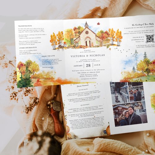 Rustic Autumn Chapel Wedding Tri_Fold Invitation