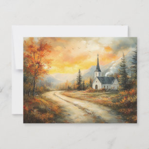 Rustic Autumn Church Watercolor Painting Postcard