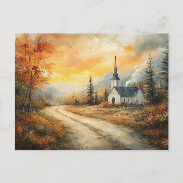 Rustic Autumn Church Watercolor Painting Postcard (Front)