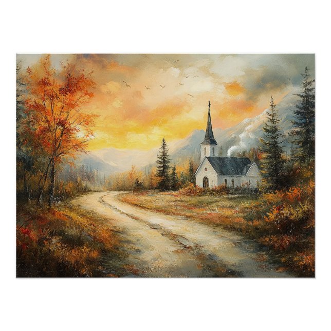 Rustic Autumn Church Watercolor Painting Poster (Front)