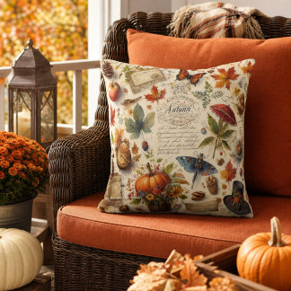 Rustic Autumn Collage Fall Leaves Pumpkin Harvest Outdoor Pillow