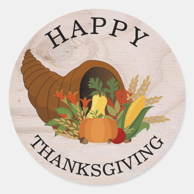 Rustic Autumn Cornucopia Happy Thanksgiving Classic Round Sticker (Front)