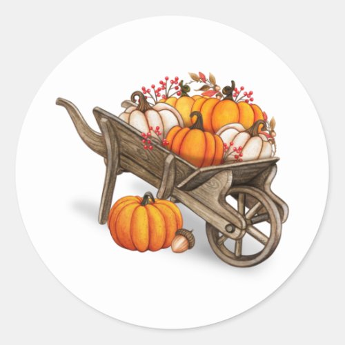 Rustic Autumn Country Wooden Wagon with Pumpkins Classic Round Sticker