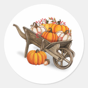 Rustic Autumn Country Wooden Wagon with Pumpkins Classic Round Sticker