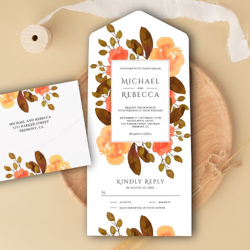 Rustic Autumn Earthy Tones Orange Floral Wedding All In One Invitation