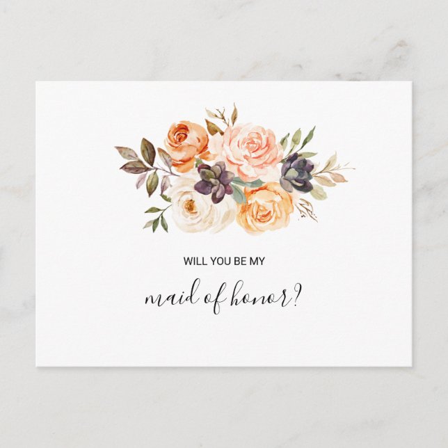 Rustic Autumn Elegant Floral Maid of Honor Invitation Postcard (Front)