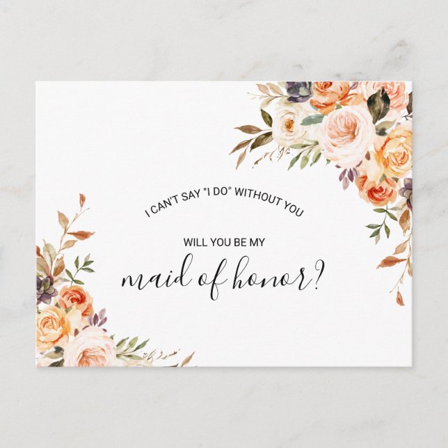 Rustic Autumn Elegant Floral Maid of Honor Invitation Postcard (Front)