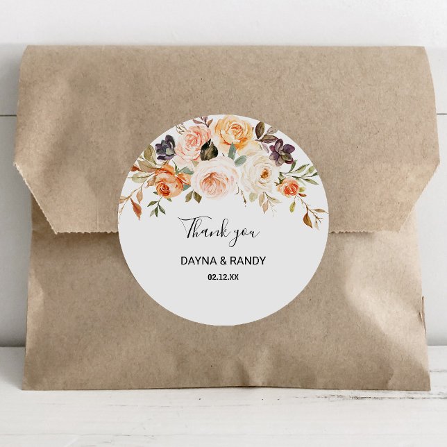 Rustic Autumn Elegant Floral Thank You Favor Classic Round Sticker (Creator Uploaded)