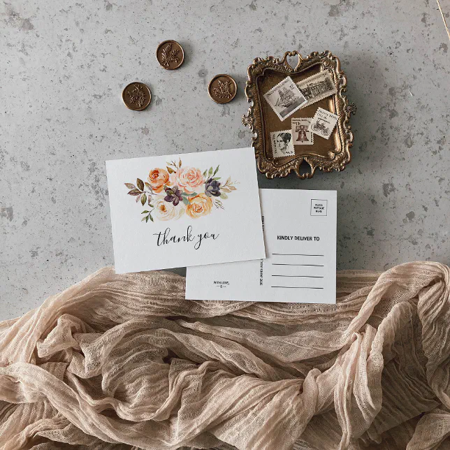 Rustic Autumn Elegant Floral Thank You Postcard | Zazzle