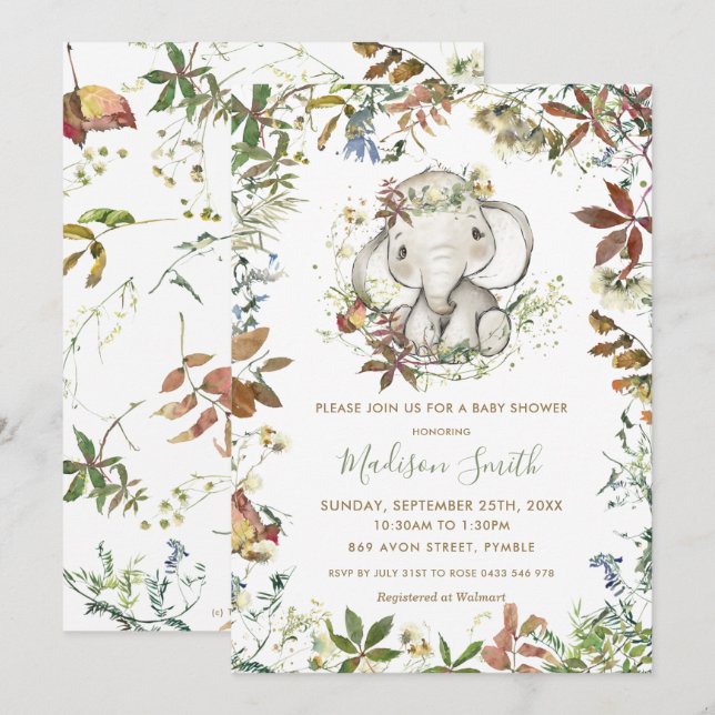 Rustic Autumn Elephant Gender Neutral Baby Shower Invitation (Front/Back)