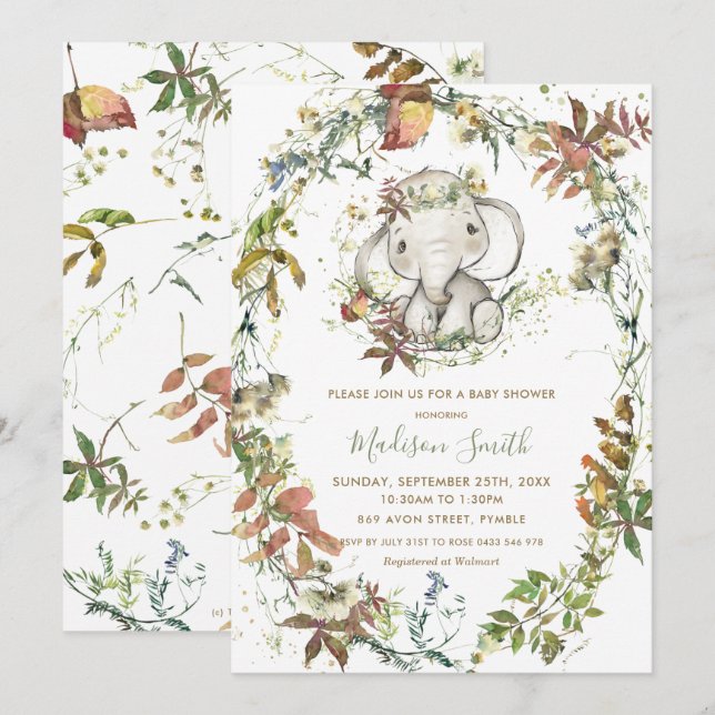 Rustic Autumn Elephant Gender Neutral Baby Shower Invitation (Front/Back)