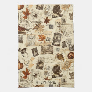 Rustic Autumn Ephemera Collage Warm Earthy Kitchen Towel