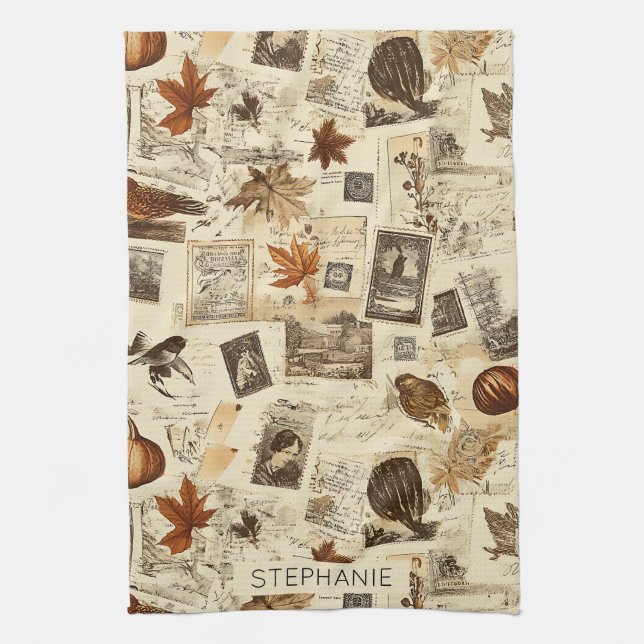 Rustic Autumn Ephemera Collage | Warm Earthy Kitchen Towel (Vertical)