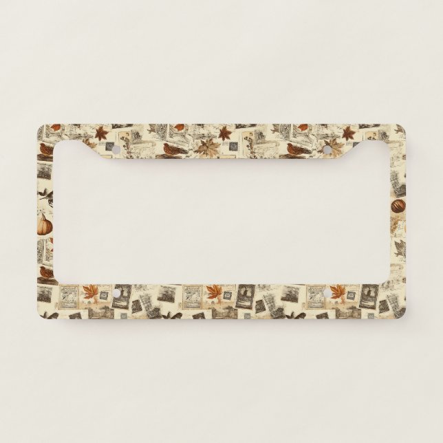 Rustic Autumn Ephemera Collage | Warm Earthy License Plate Frame (Front)