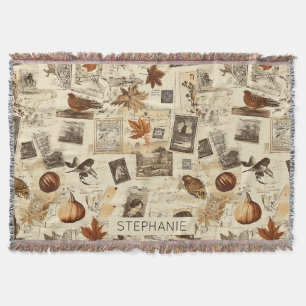 Rustic Autumn Ephemera Collage Warm Earthy Throw Blanket