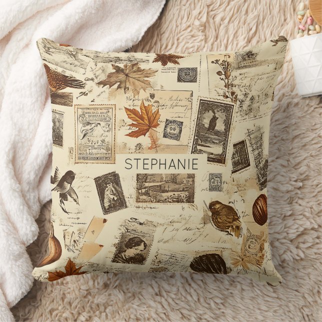 Rustic Autumn Ephemera Collage | Warm Earthy Throw Pillow (Blanket)