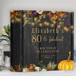Rustic autumn fall any age personalized birthday<br><div class="desc">Beautiful rusty orange and dark burgundy autumn fall flowers and wateercolor pumpkin borders with strings of golden twinkle lights over a dark brown barn wood background making a charming elegant 21st, 30th, 40th, 50th, 60th, 70th, 75th, 80th, 90th, 100yh or any other age years birthday binder keepsake album gift with...</div>