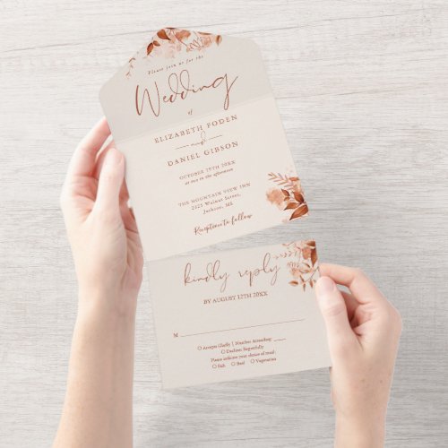 Rustic Autumn Fall Floral Boho Wedding All In One Invitation
