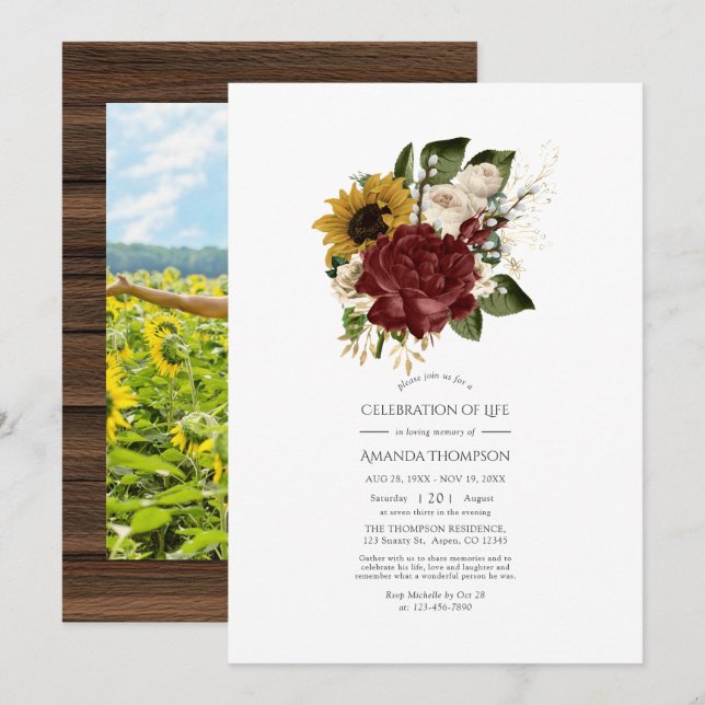 Rustic Autumn - Fall Floral Celebration of Life Invitation (Front/Back)