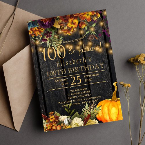 Rustic autumn fall floral chic 100 fabulous years invitation