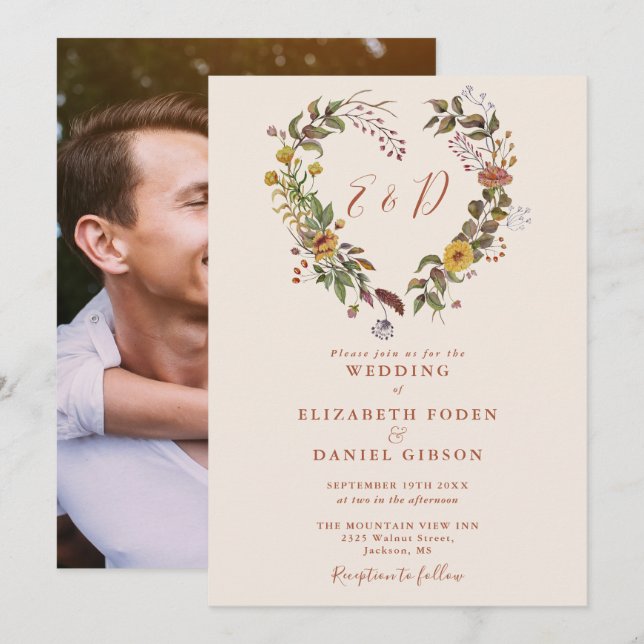 Rustic Autumn Fall Floral Heart Photo Wedding Invitation (Front/Back)