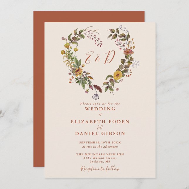 Rustic Autumn Fall Floral Heart Wedding Invitation (Front/Back)