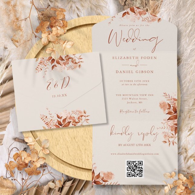 Rustic Autumn Fall Floral QR Code Wedding All In One Invitation (Rustic Autumn Fall Floral QR Code Wedding All In One Invitation)