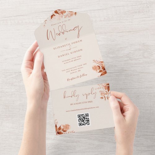 Rustic Autumn Fall Floral QR Code Wedding All In One Invitation